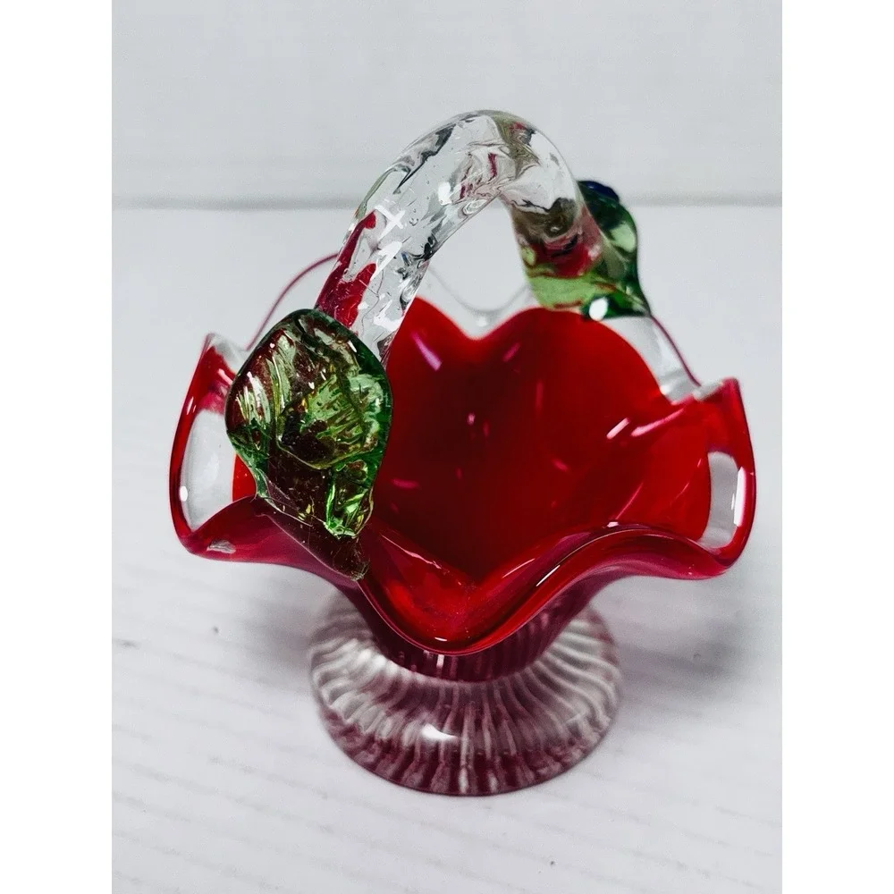 Vintage Murano Style Art Glass Basket Set Blue Red Pedestal Bowls Floral Handles